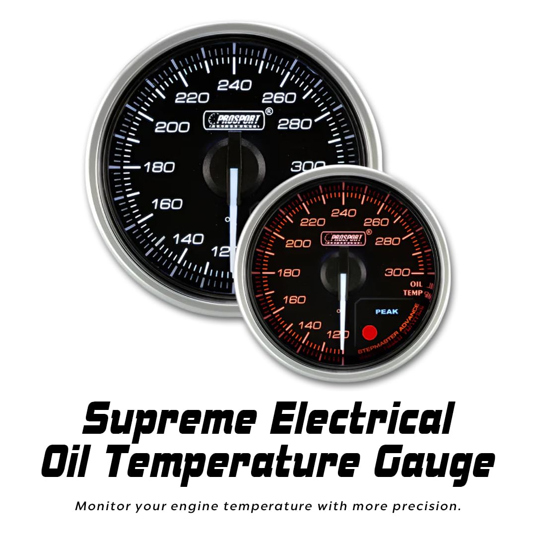 Prosport Performance Oil Temperature Gauge 52mm (2 1/16") Electrical Prosport Supreme Clear Lens with White Pointer Series Amber/White with Peak Recall and Warning