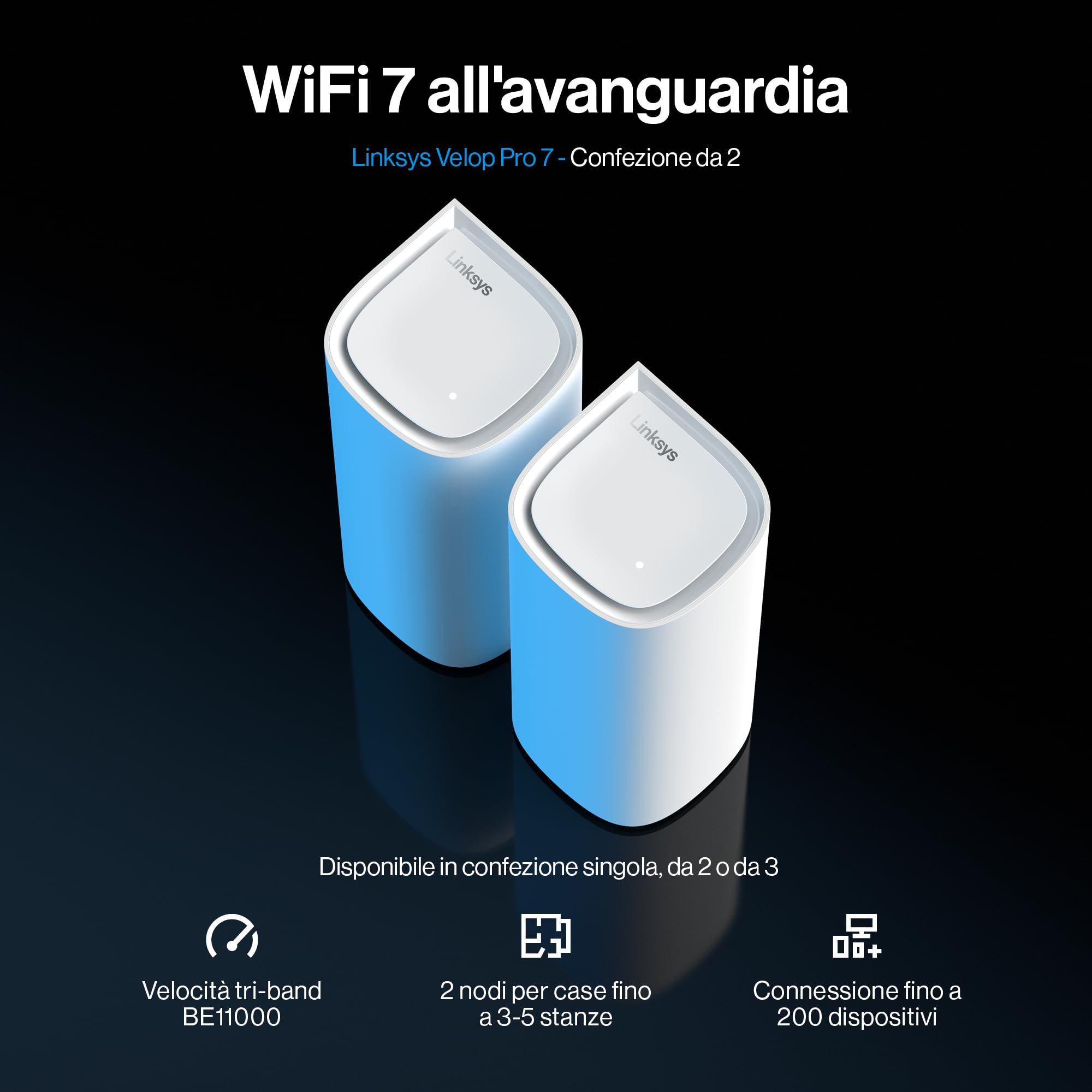 Linksys Velop Pro 7 Sistema WiFi 7 MBE7002, Router Cognitive Mesh Tri-Band e più di 10 Gbps di Velocità, Copre tutta la Casa fino a 550 m², Connessione per 400 Dispositivi, Confezione da 2