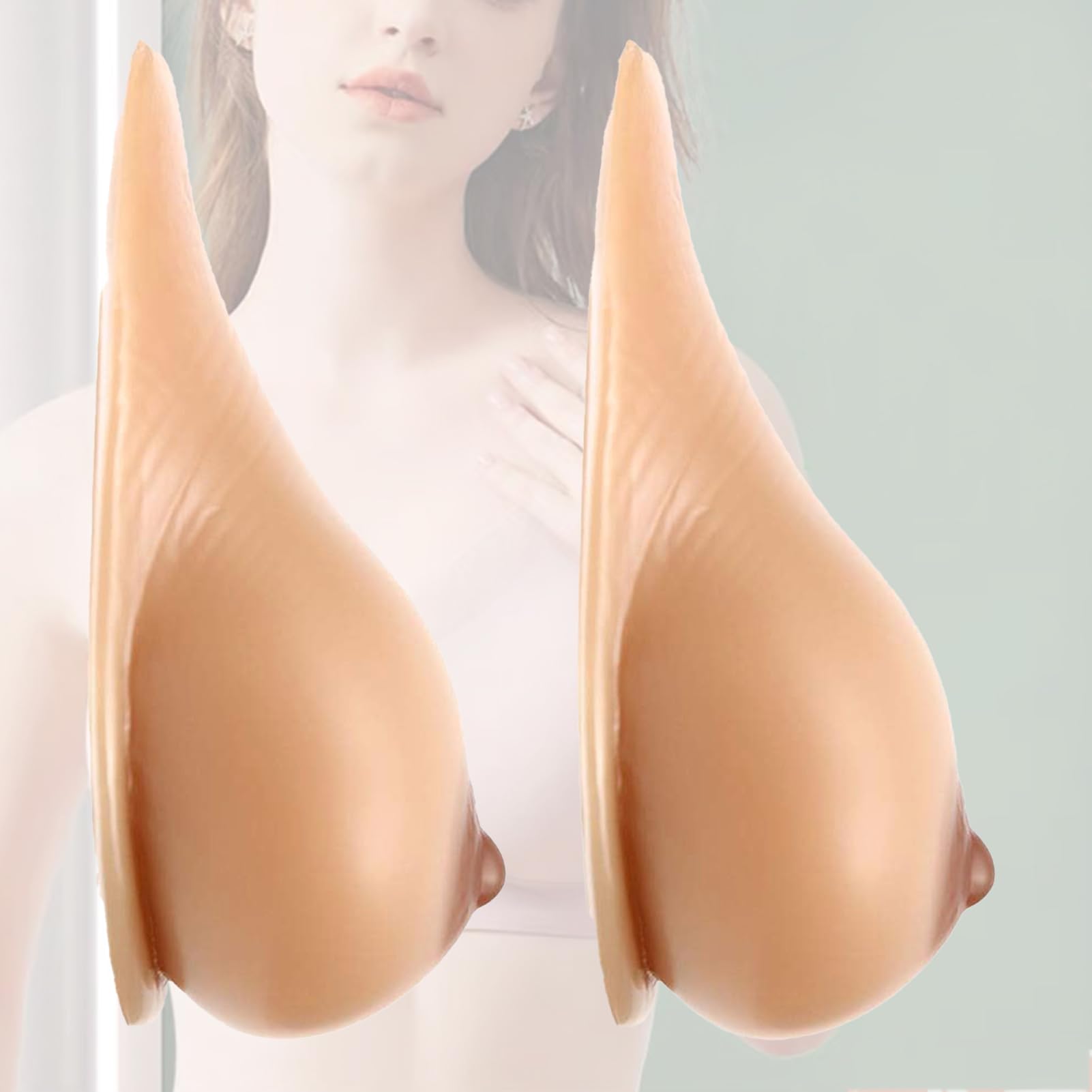 OSEMISS Self Adhesive Silicone Breast Forms| Long Tail Shape Fake Boobs, Fake Breasts For Crossdresser Transgender Mastectomy Prosthesis Cosplay,Suntan,C|Cup (800g/Pair)