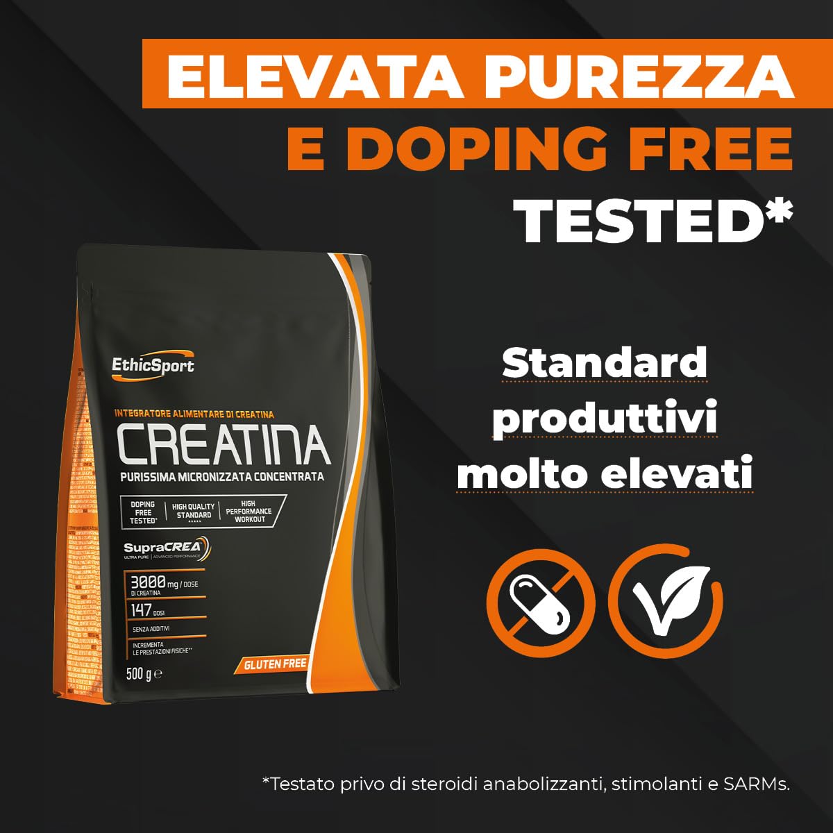 EthicSport CREATINA – Creatina monoidrato pura in polvere con SupraCREA™ – Incrementa le prestazioni fisiche in attività brevi e intense – elevata purezza, senza additivi – vegan, gluten free – 500 g