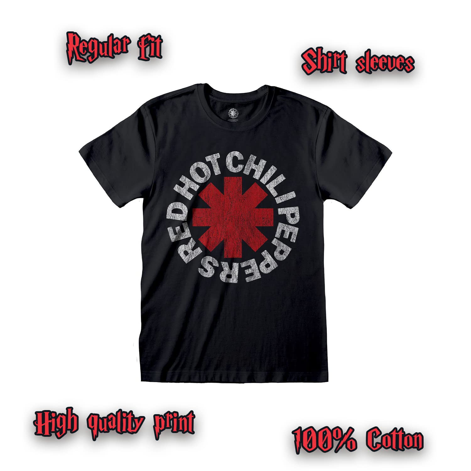 Red Hot Chili Peppers T-Shirt Logo Rock Music Officiel Noir Coton Unisexe Adulte Garçon