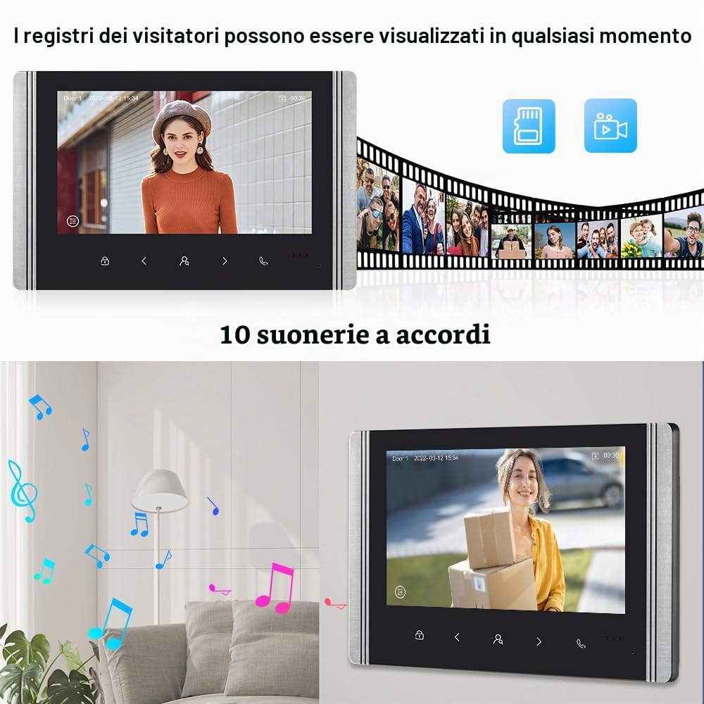 Sistema di videocitofono cablato con schermo a colori IPS da 7 pollici, videocitofono HD 1080P e telecamera da 2 megapixel con supporto per sblocco, citofono bidirezionale