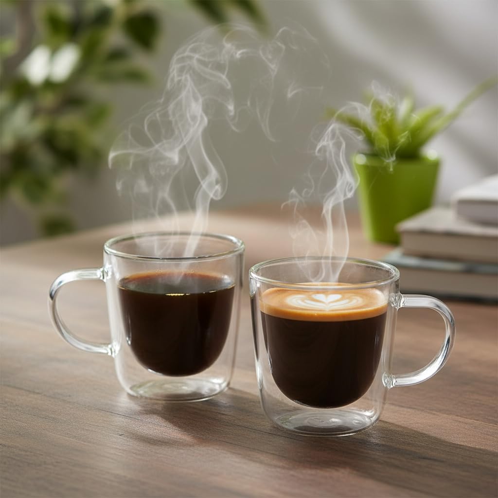Deconox 2'li Çift Cidarlı Kulplu Cam Fincan Seti - 100 ml Isıya Dayanıklı Espresso ve Türk Kahvesi Bardağı - El Yakmayan Modern Tasarım (2 Adet)