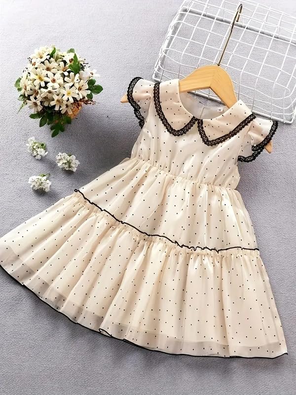 Image of Niren Enterprise Girls' Ivory Polka Dot Peter Pan Collar, Frill Sleeve, Flared Tulle Skirt, Elegant Birthday & Summer Wear Party Dress