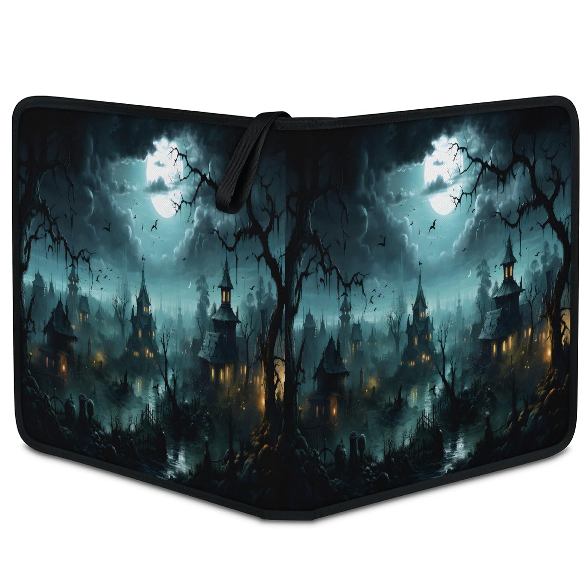 Classeur pour cartes à collectionner - 4 poches - Château d'Halloween - Arbre et lune - Classeur pour cartes avec pochettes amovibles - Étanche - Avec fermeture éclair - Capacité de 50 pages - 400