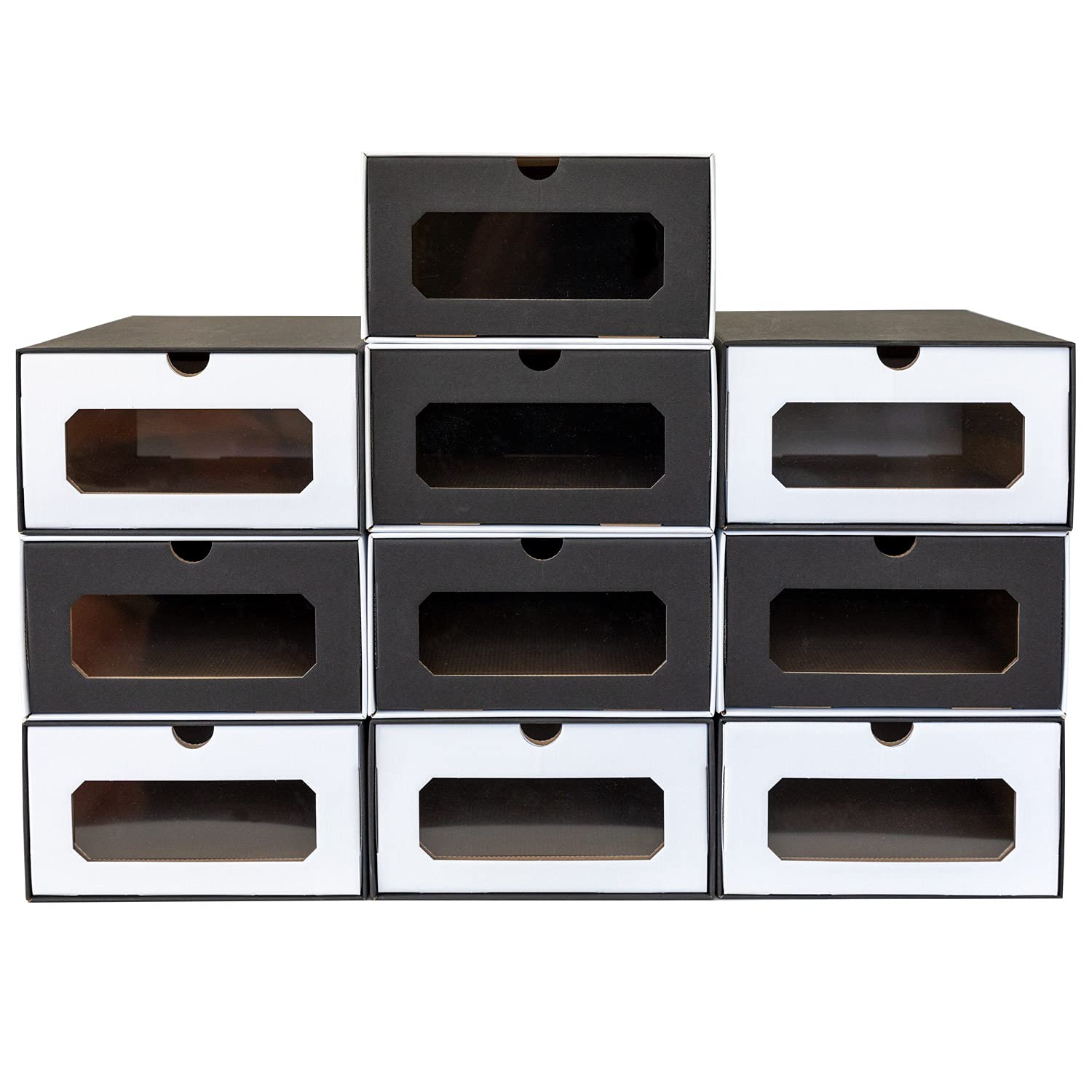 10 x PresentFill Schubladenbox Aufbewahrungsbox Schuhbox Schuhschachtel Schuhkarton Ordnungsboxen Schwarz transparent Sichfenster stapelbar aus Pappe Karton Schuhaufbewahrung Schuhorganizer