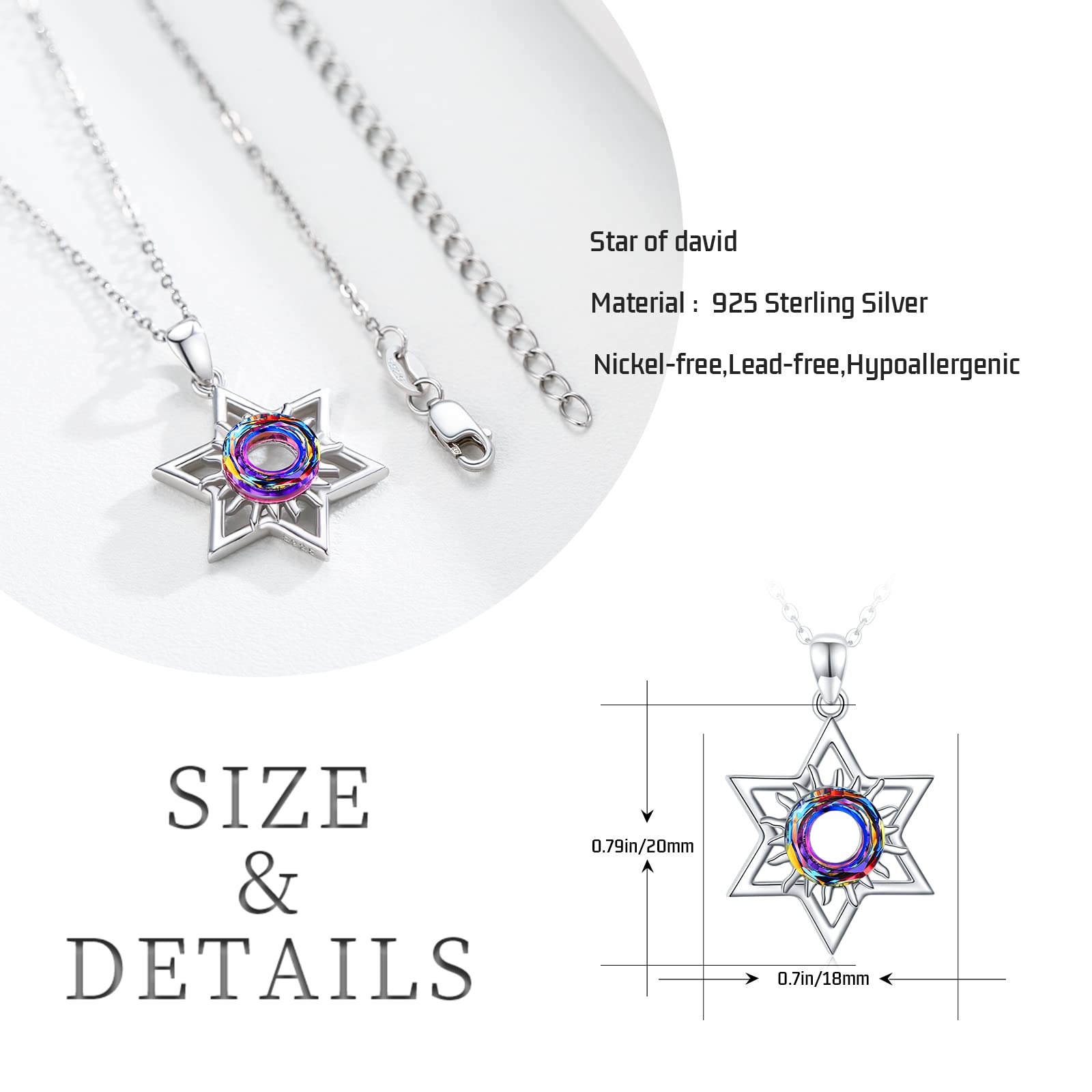 Collana con stella di David S925 in argento Sterling con ciondolo a forma di sole, collana di cristallo, gioielli Wiccan regalo per donne e ragazze, Argento sterling