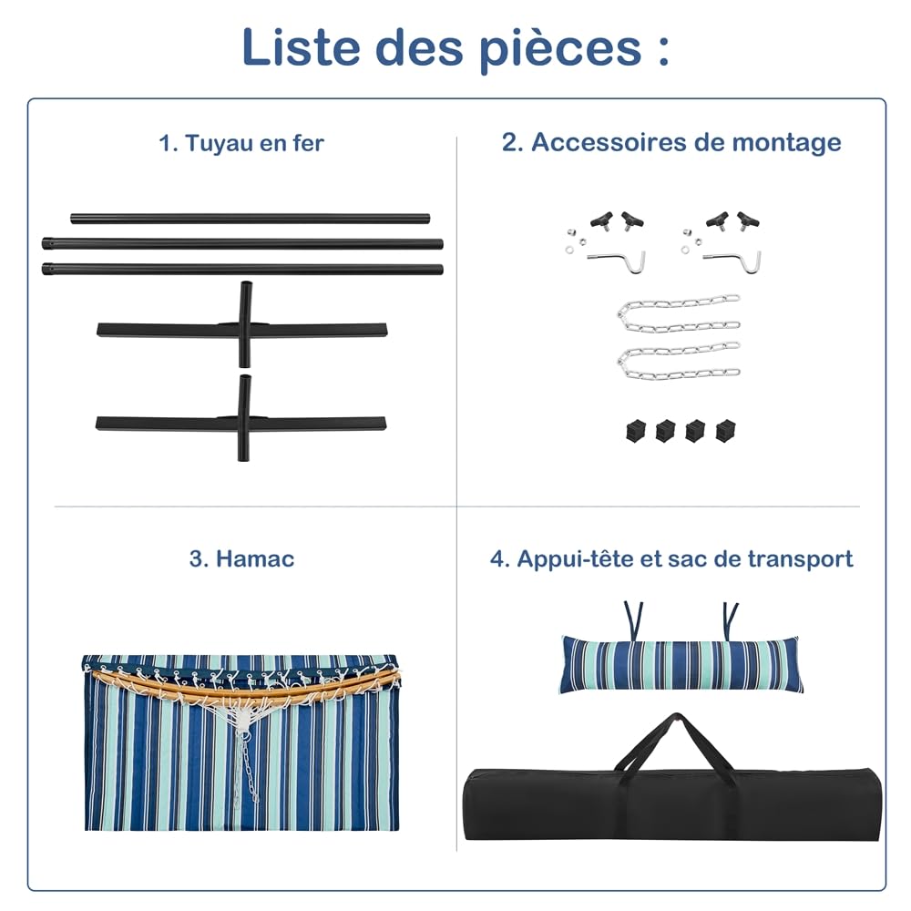 Yaheetech Hamac avec Support en Métal Hamac sur Pied pour 2 Personnes Toile avec Barre Oreiller Sac de Transport pour Extérieur Intérieur Jardin Terrasse Charge 216 kg