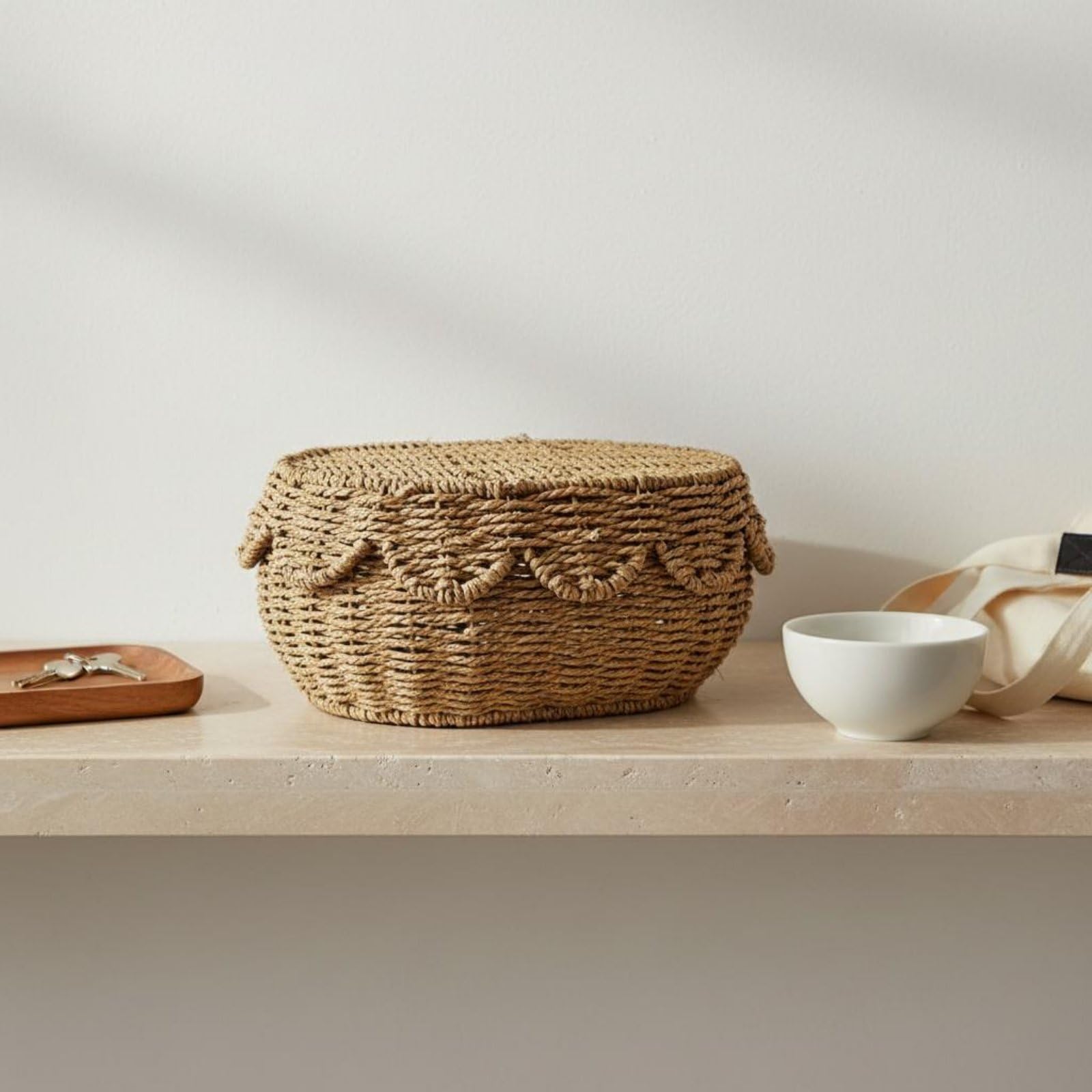 Baoblaze Cesta de Almacenamiento Tejida Caja Contenedor Organizador con Tapa de Cuerda de Papel Hecha a Mano Resistente y Ligera Adecuada para Escritorio, Grande 42x31x16cm