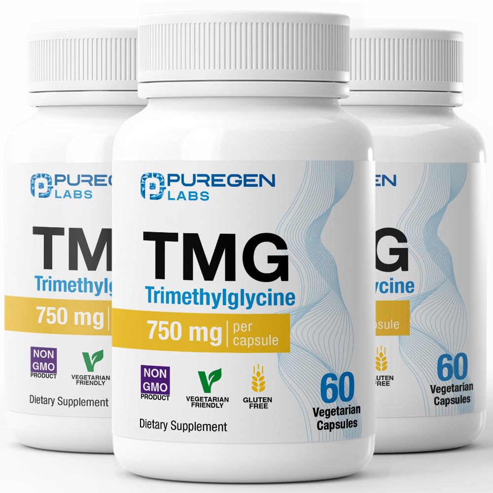 Puregen Labs TMG 750 mg – Trimethylglycine Supplement – Non-GMO, NO Gluten and Dairy - 3 Pack | Total 180 Vegetarian Capsules