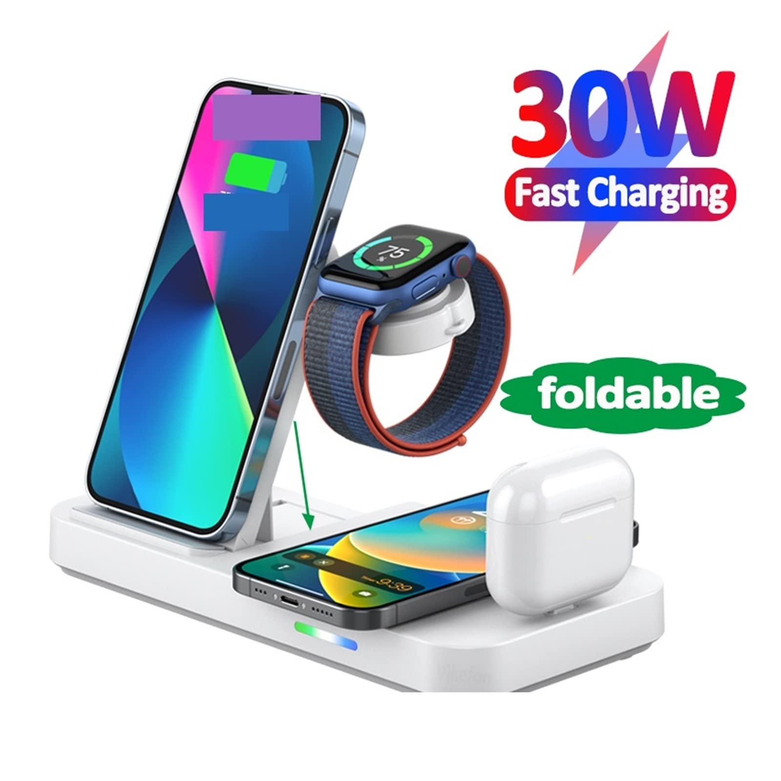 Support de Chargeur sans Fil Station Charge Rapide 30W for écouteur téléphone Montre Compact et Puissant(Blanc)