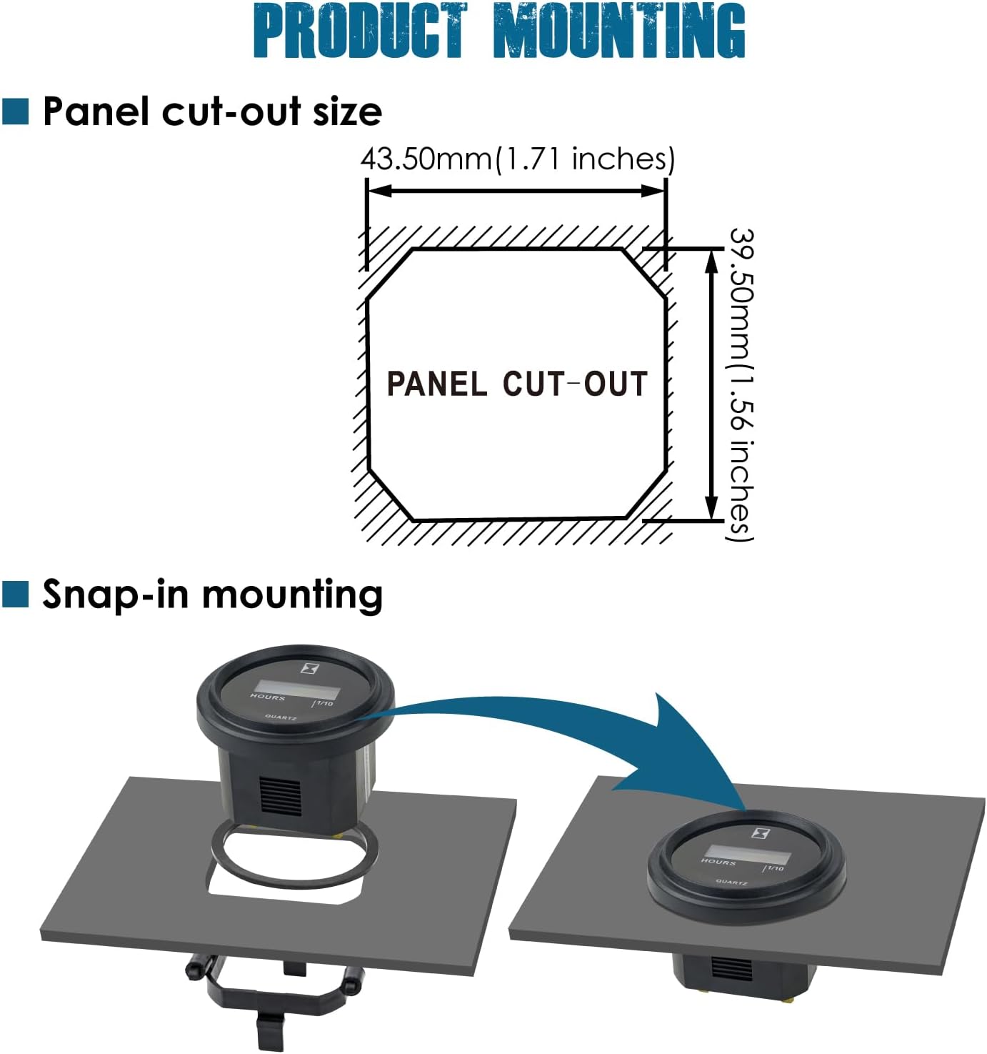 Diagram showing the panel cut-out dimensions and the snap-in mounting process for the Runleader LCD Hour Meter.