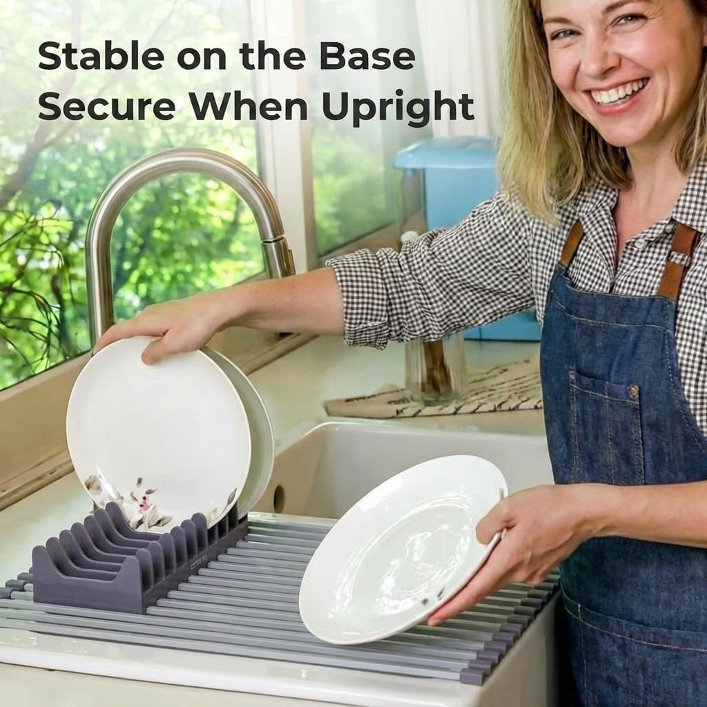 Large Aluminum Roll Up Dish Drying Rack (20.5" x 13") - Fits Sinks up to 19.5 Inches, Heavy Duty Square Bar, Rust-Proof & Heat Resistant with Removable Dish Holder (Purple Gray Large)