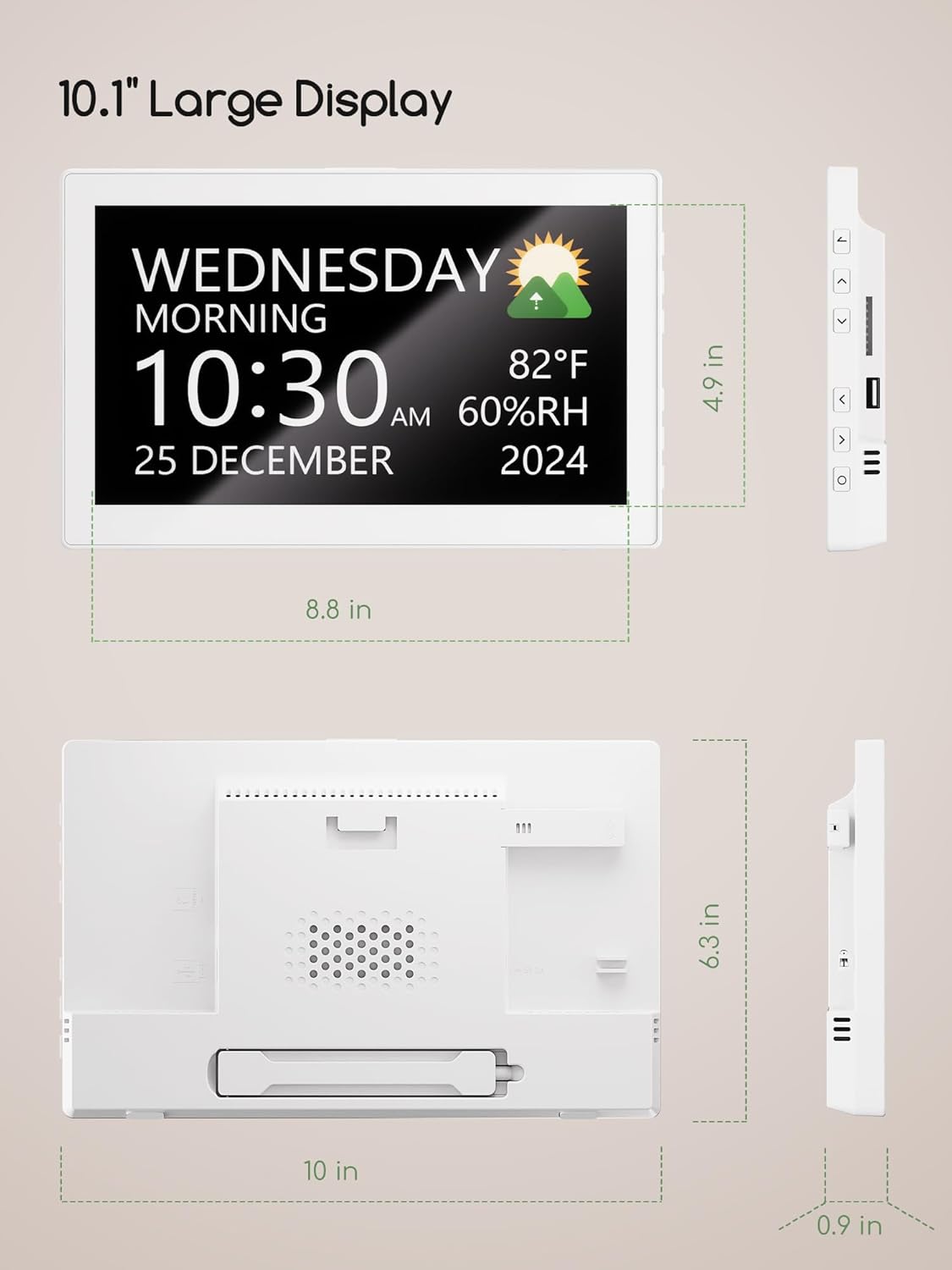Raynic clock showing its dimensions: 10.1 inches screen, 14.01 inches width, 7.4 inches height, 1.5 inches depth.
