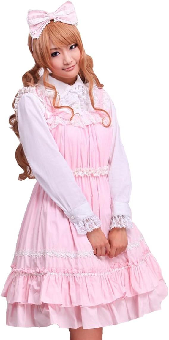 Amazon Co Jp Cosplayitem ロリータ服 レースワンピース 姫系 姫系ロリ服 ロリータ Lolita ゴシック Gothic ロリ ジャンパースカート サロペットスカート ドレス 洋服 長袖 リボン 蝶結び フリル レース ギャル系 Gal系 サーフ系 ピンク 二点セット オーダーメード