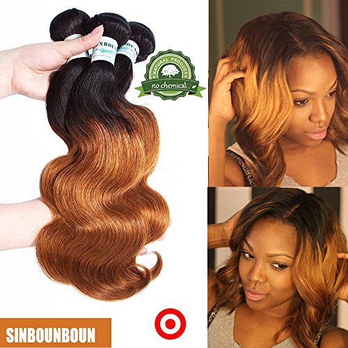 Sinbounboun Hair Short Bob Ombre Brazilian Body Wave 3 Bundles with Short Closure 1B T30 Water Wave Weave 2 Tone Ombre Dark Brown Medium Auburn Human Hair Extensions(12" 12" 12" & Closure10")