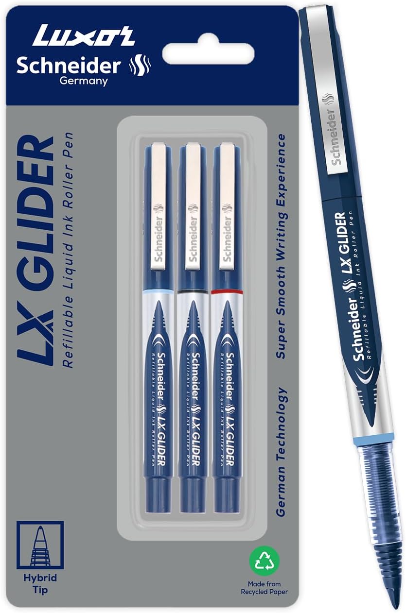 - Luxor Schneider, LX Glider Pens, Pack of 3, Ink- (Blue, Black, Red) +1 Refill, Hybrid Tip, Refillable, Liquid Ink Roller Pen, Stylish Companion for Professional Work