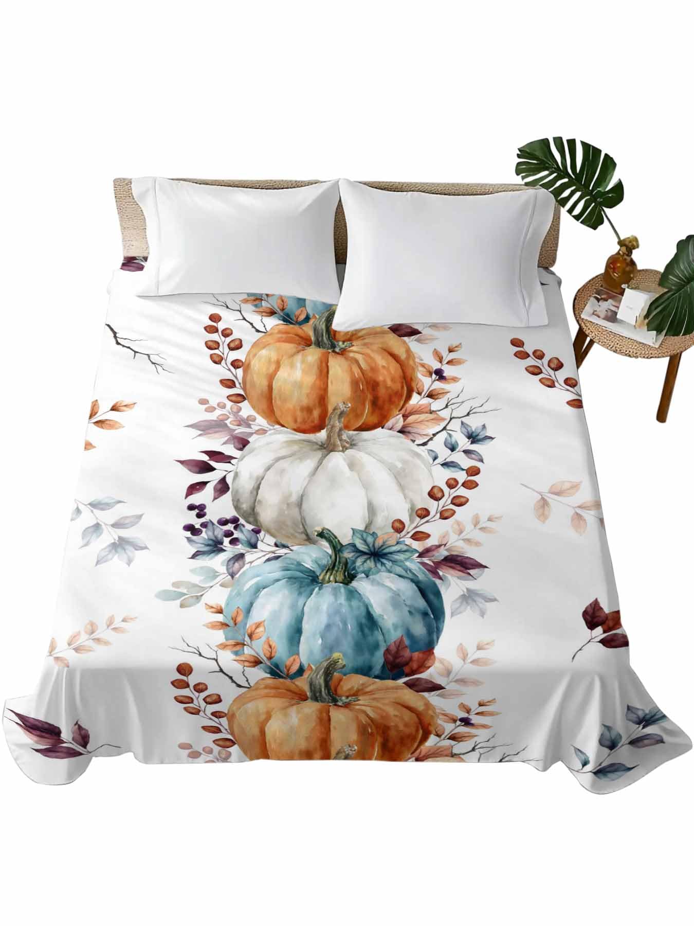 King Size Flat Sheet Only, Thanksgiving Orange Pumpkin Fall Eucalyptus Leaf Bed Top Sheet Soft Microfiber Breathable Bedding Flat Sheets, Maple Leaves Top Sheets Hotel Luxury
