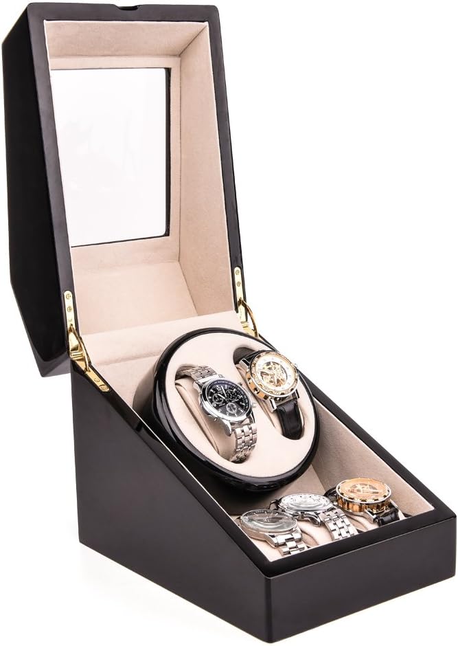HEZALA Automatic Double Watch Winder with Quiet Mabuchi Motor for Men, 2+3 Watches Storage Box Case for Rolex, Wood Shell Piano Paint Exterior, Soft and Flexible Watch Pillows (Black Piano Paint)