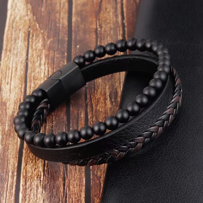 Men's Layered Leather Bead Bracelet - Braided Leather With Tiger Eye & Lava Rock, Magnetic Clasp, Adjustable, Stress Relief Gift