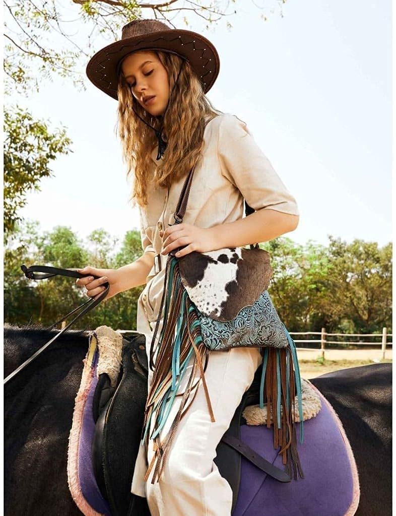 Myra Bag Western Style Purse - Fringe Purses for Women with Real Cowhide and Blue Accents, Leather Western Handbags for Women - Image 3