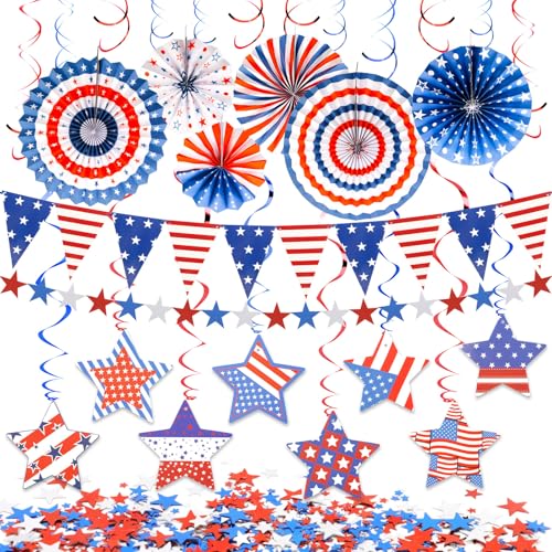 Image of 4th of July Decorations Set Red White and Blue Decorations Including Paper Fans, Star Streamer, Pom Poms Party Hanging Swirls for Memorial Day, Independence Day, Labor Day