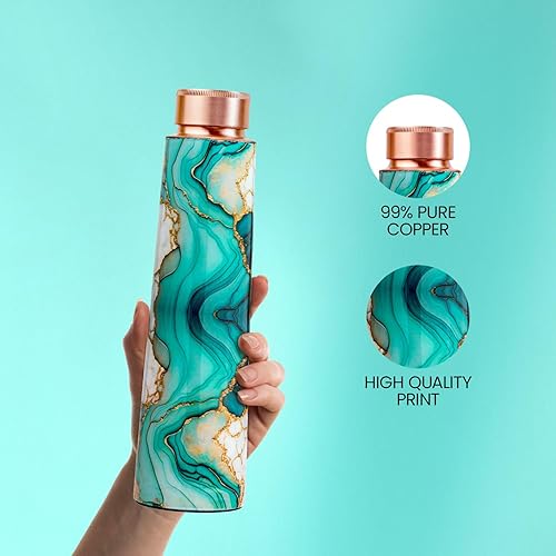 Miniatura 2 de Botella de agua 100% cobre  Botella ayurvédica hecha a mano con elegante acabado de mármol de malaquita  Sin BPA, a prueba de fugas, 32 onzas  para