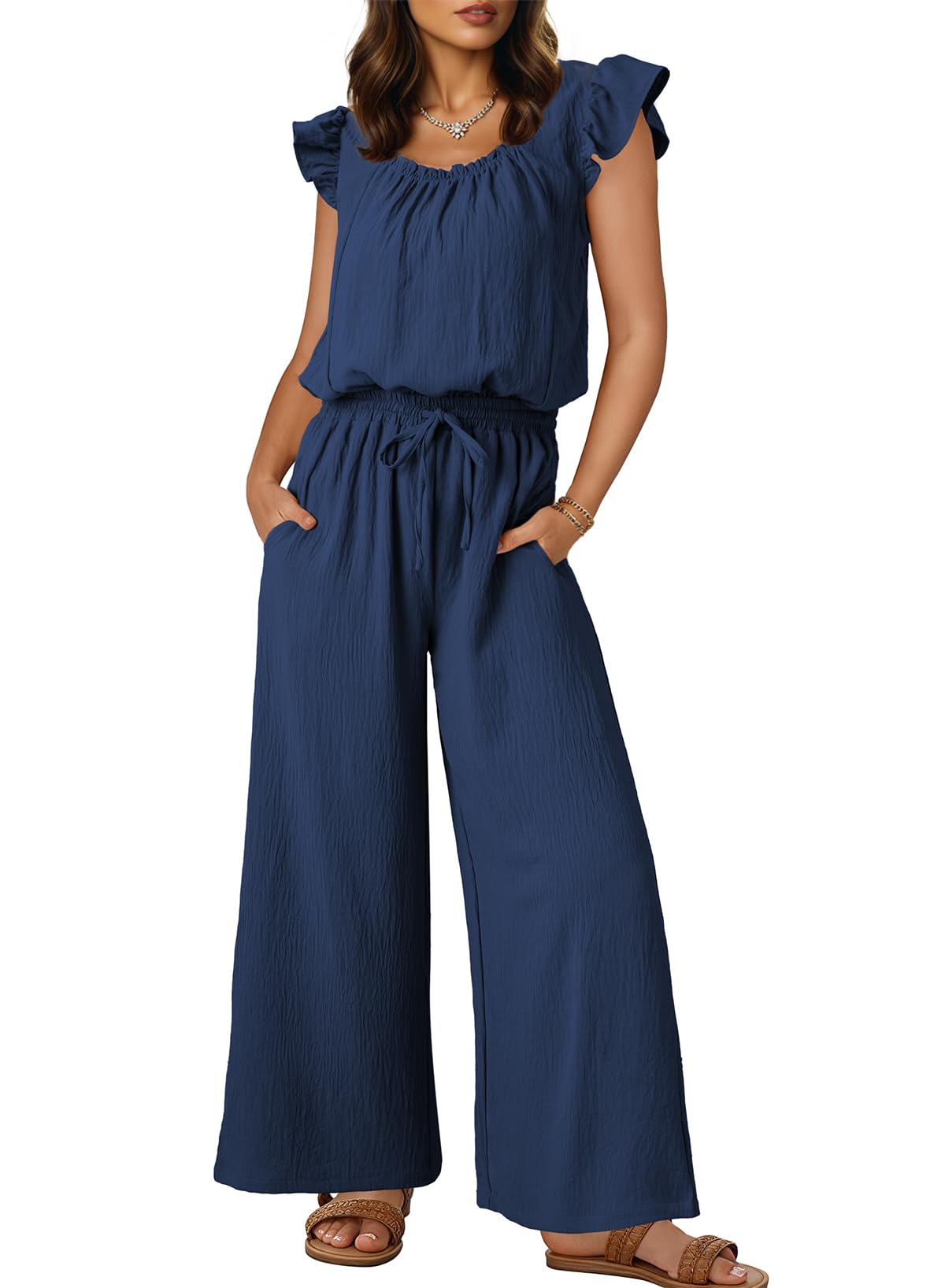 Dokotoo Jumpsuit Damen Sommer Musselin Overalls Elegant Rüschenärmel Hosenanzug Weites Bein Playsuit Lang Romper mit Kordelzug S-2XL