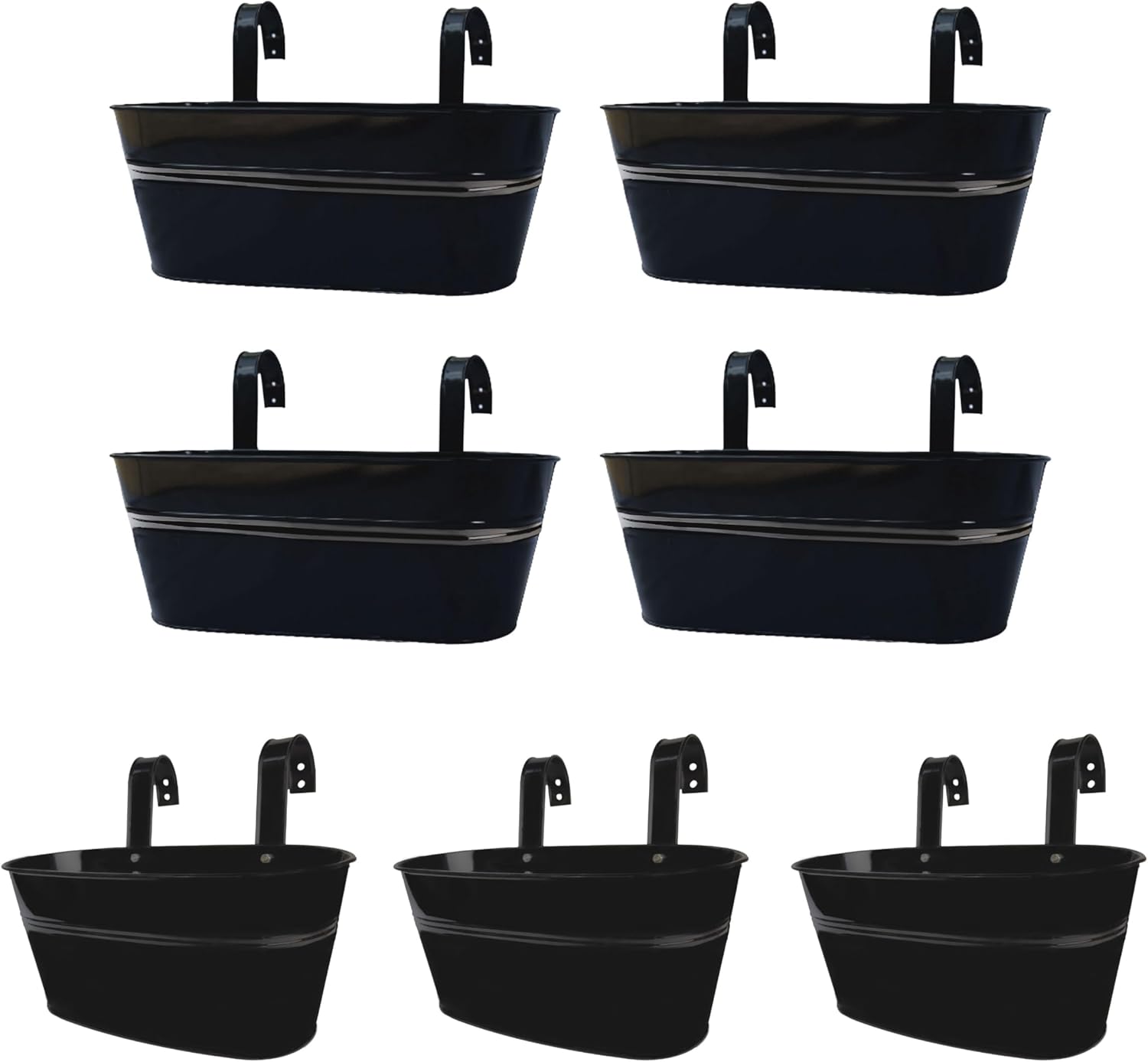 LaLaGreen Bundle- 4 Pack, 17 Inch Large Metal Pot + 3 Pack, 11.8 Inch Black Metal Pot Window Hanging Plant Flower Holder Bucket with Hook Rail Fence Deck Patio Porch Outdoor Balcony Boho Garden Decor