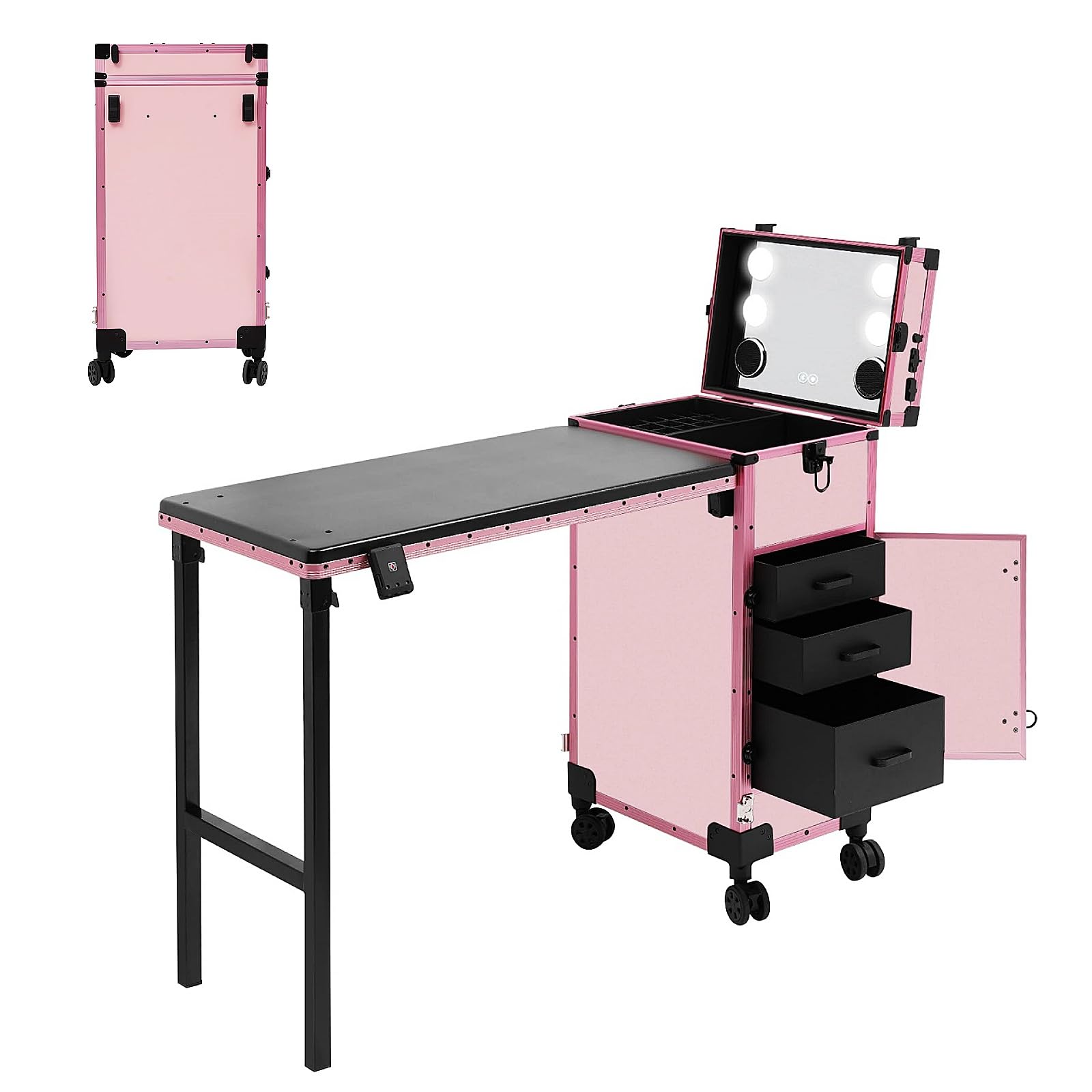 Professioneller Kosmetikkoffer Trolley 2 In 1 Schminkkoffer mit Tisch Bis 50KG Maniküre Tisch mit 3 Schubladen, LED Spiegel, 4 Rollen Multifunction Kosmetik Koffer Friseurkoffer (Rosa)