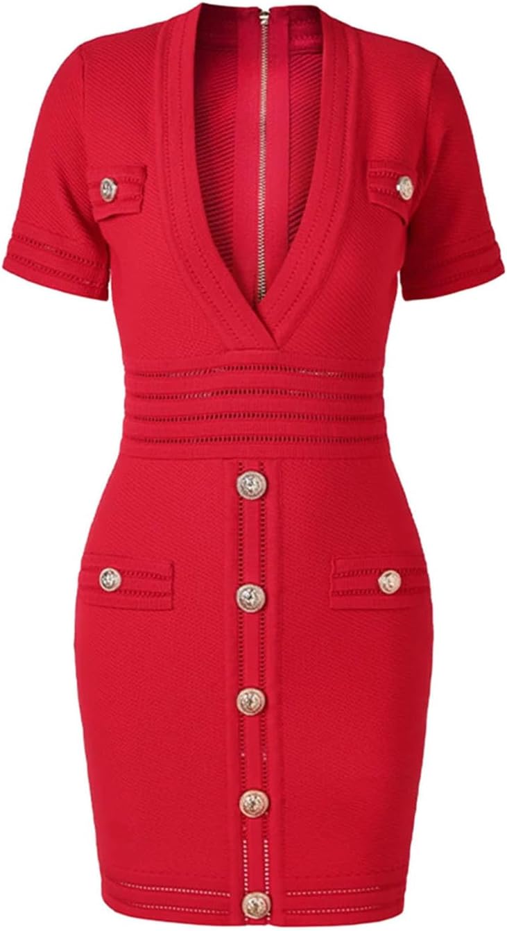 Women's Short Sleeve Suit Dress Sheath Knit V Neck Short Sleeve Black Hole Mini Casual Straight Elastic Dress