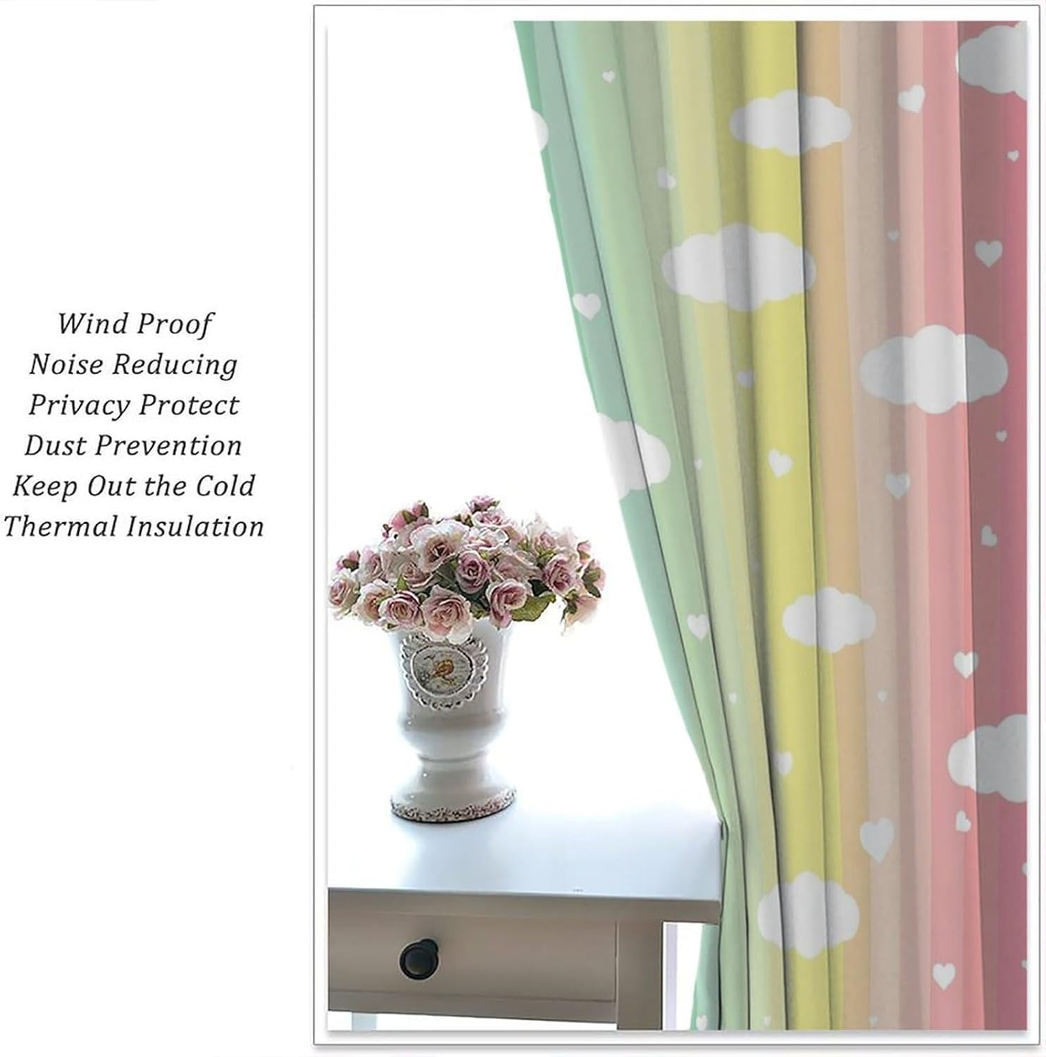 Rainbow Blackout Window Curtains, Colorful Pastel Rainbow Clouds Love Pattern Window Drapes, for Kids Girls Bedroom Living Room 42x45in 2 Panels
