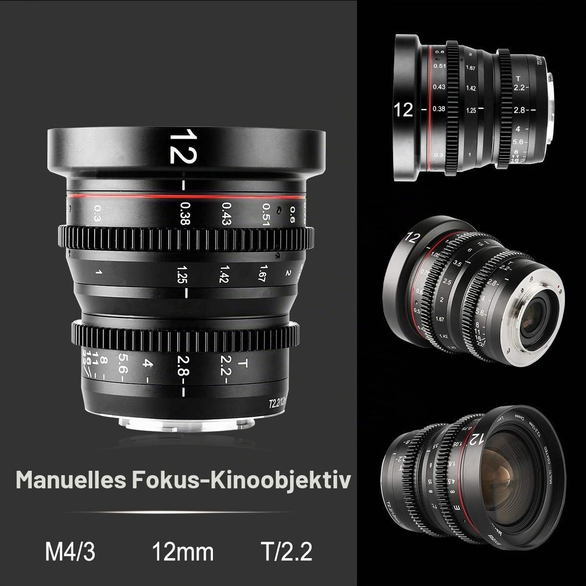 MEKE 12mm T2.2 große Blende, manueller Fokus, niedrige Verzerrung, 4K Mini-Cine-Objektiv für Micro Four Thirds M43 MFT, kompatibel mit Olympus Panasonic Lumix BMPCC 4K Zcam E2 GH5 GH6 OM-1
