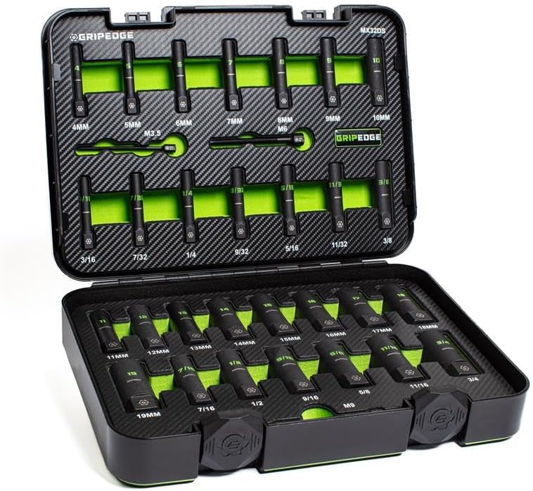 GripEdge | 32-PC 1/4" & 3/8" Drive Deep Metric & SAE Master Socket Extractor Set| Includes sizes - 4-19mm & 3/16-3/4" | Includes Premium Plastic Case With Foam Insert |