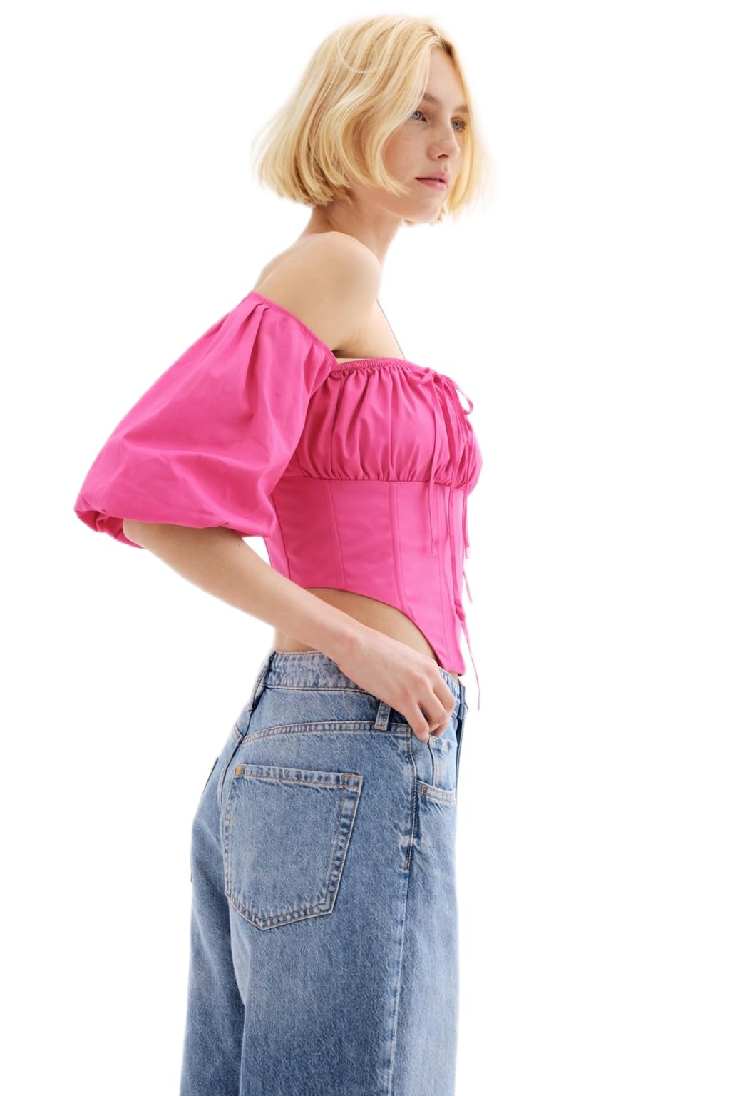 Women'S Casual Corset Crop Top In Hot Pink, Puff Sleeve With Drawstring Gathered Bust, Solid Poplin, Metal Zipper Closure-image-25