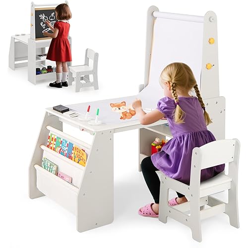 Costzon Kids Art Table and Chair Set, 4 in 1 Wooden Easel Activity Desk Set w/Whiteboard, Blackboard, Paper Roll, 2 Open Shelves & 2-Tier Bookshelf, Toddler Table and Chair for Drawing (Gray)