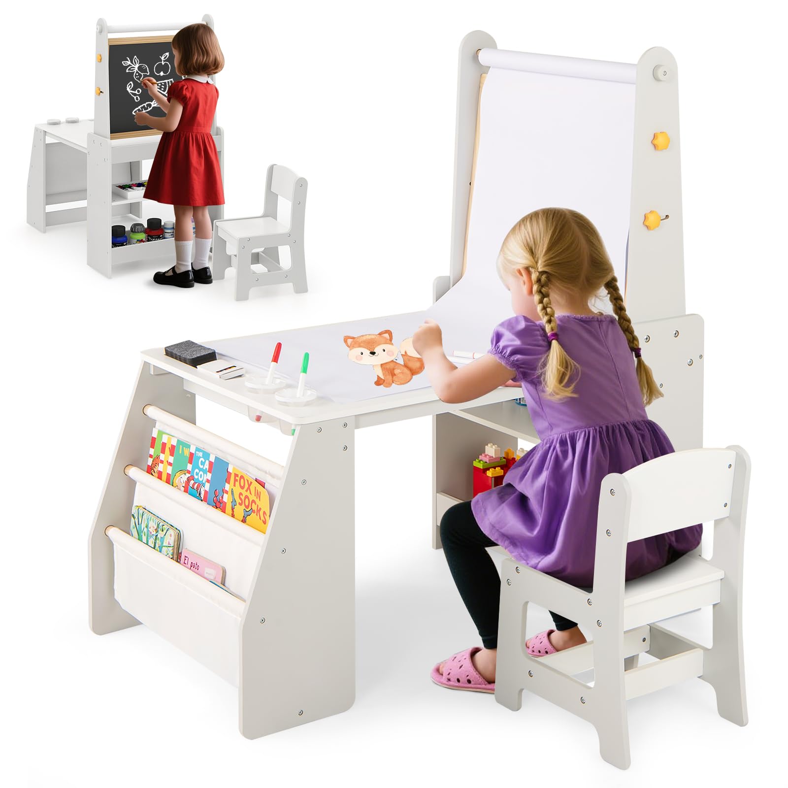 COSTWAY Set 3 in 1 Tavolo e Sedia per Bambini 3+ Anni, Tavolo in Legno Sicuro con Lavagna, Sedia, Lavagna Bianca, Rotolo di Carta, 2 Ripiani Aperti e Libreria a 2 Ripiani, Ideale per Disegno (Grigio)