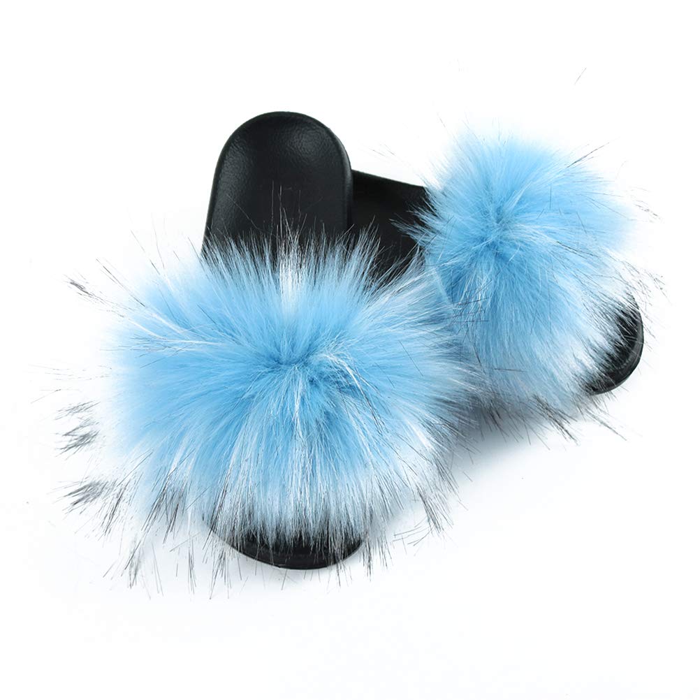 Hiser Women Fluffy Faux Fur Slipper Sliders, Ladies Furry Open Toe House Slippers, Cozy Comfy Non Slip Sliders for Walking Indoor Outdoor (sky blue,UK3.5-4/250)