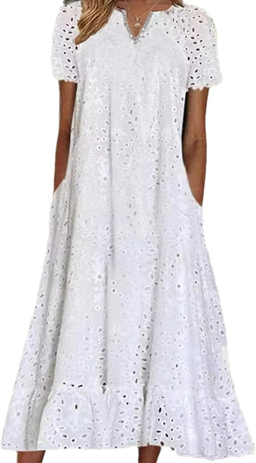 SOMTHRON Women's Summer Floral Lace Eyelet Dress Short Sleeve Ruffle Hem Pleated Midi Tunic Dress with Pocket