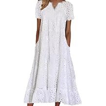 SOMTHRON Women's Summer Floral Lace Eyelet Dress Short Sleeve Ruffle Hem Pleated Midi Tunic Dress with Pocket