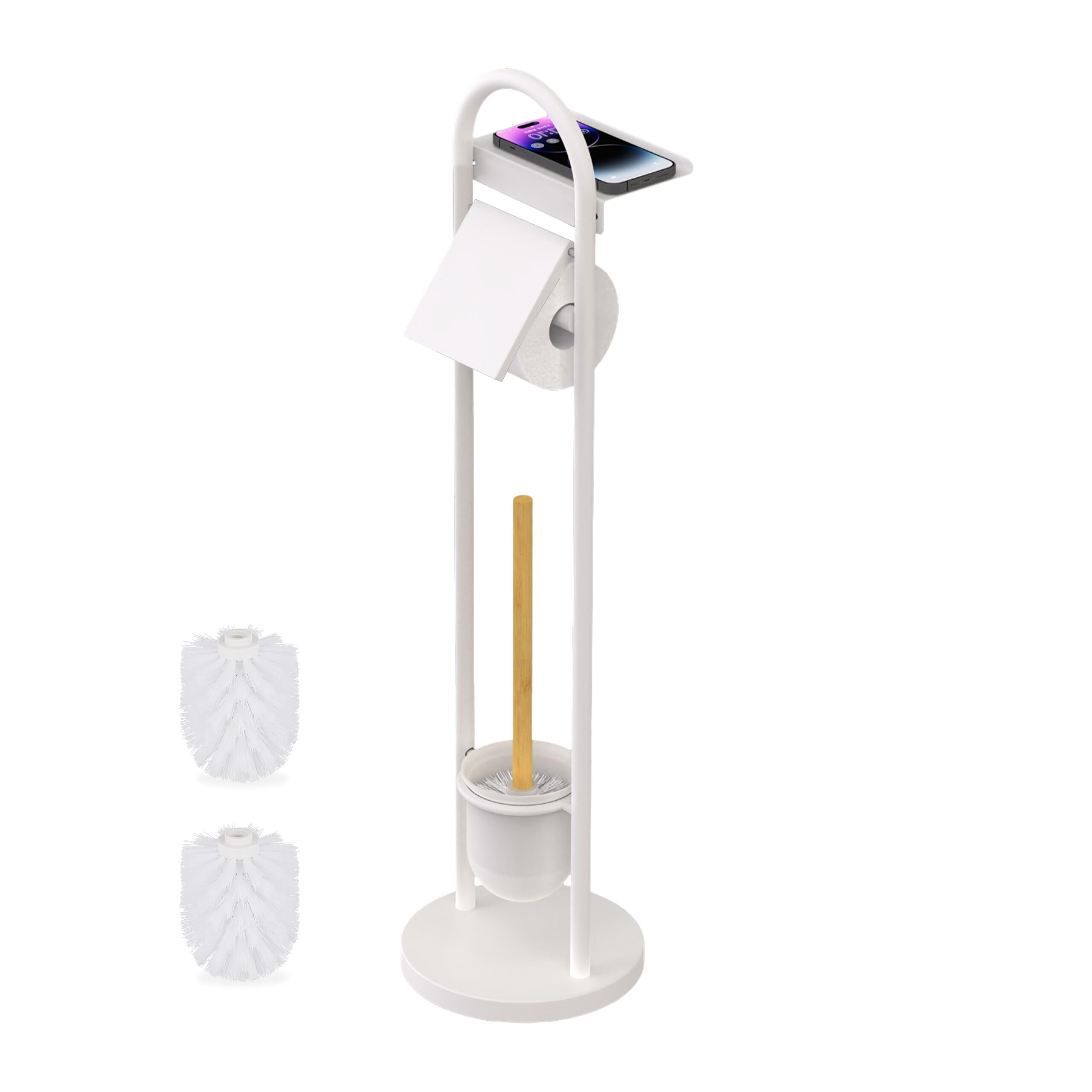 Relaxdays toilet set, HxWxD: 79 x 21.5 x 21.5 cm, freestanding toilet paper holder with shelf & brush, white/natural