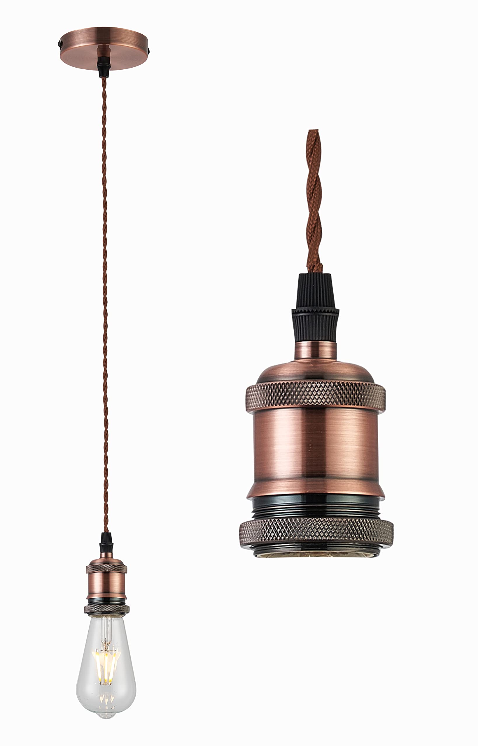 Loxton Lighting Copper Textile Twisted Wire Wire Cable Suspension, E27 Bulb Holder and Ceiling Rose Pendant Set — image 1