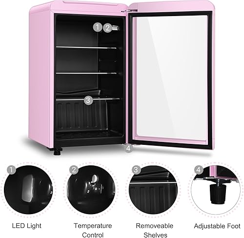 Miniatura 2 de Refrigerador de bebidas retro, mini refrigerador de 3.2 pies cúbicos con puerta de vidrio para vino de cerveza de soda, enfriador de bebidas