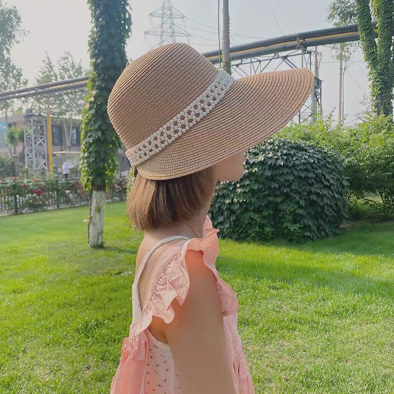 Cappello Estivo Traspirante a Tesa Larga in Paglia per Donna,Cappelli da Sole in Paglia Intrecciata con Protezione Uv e Perle,Cappello da Spiaggia Leggero per Giardino,Viaggio,Attività All'Aperto