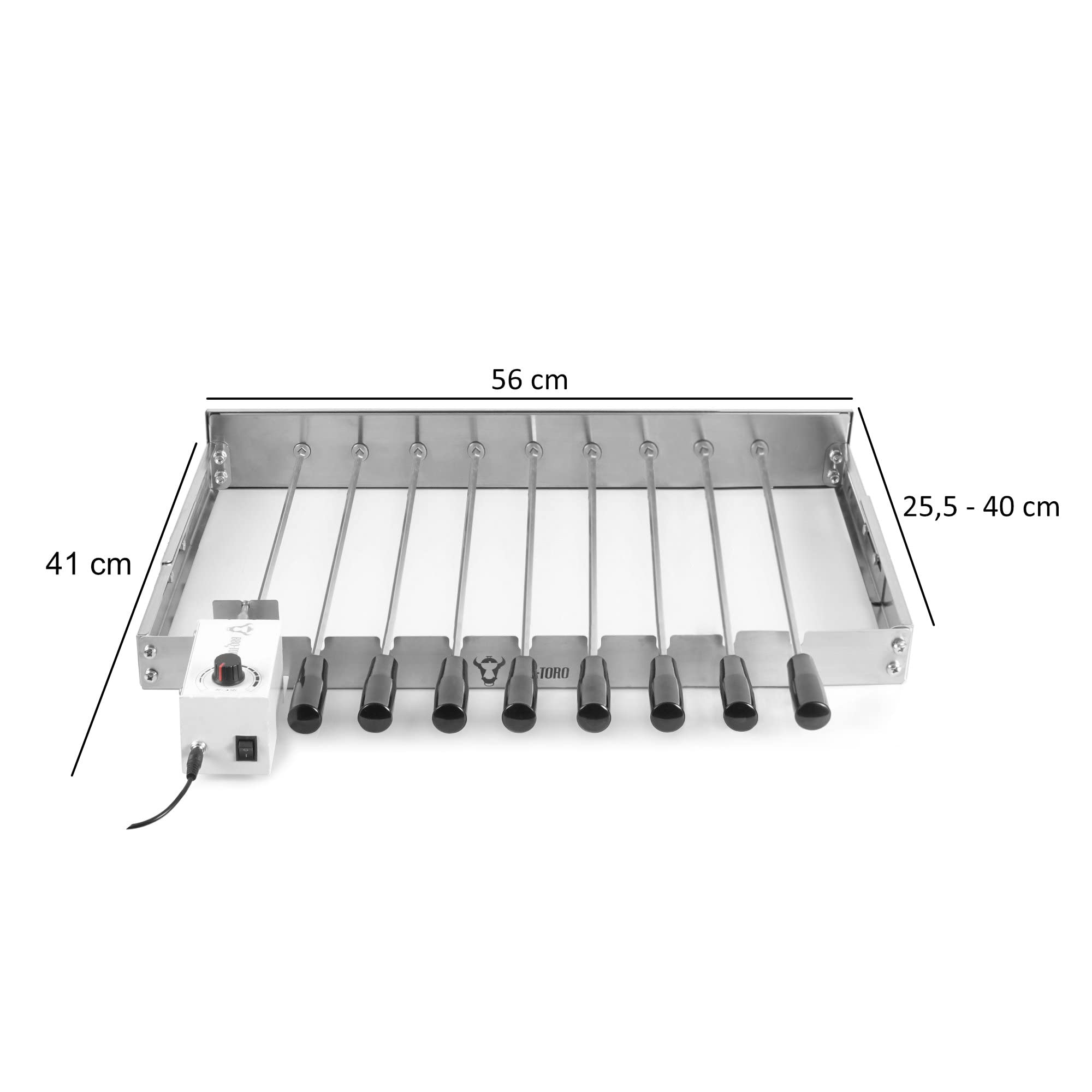 BBQ-Toro Tournebroche électrique - En acier inoxydable - Avec 9 brochettes et moteur - Taille réglable 56 x 26-40 cm - Prise d'alimentation et USB - Chachlyk Mangal - Broche pour rôtisserie