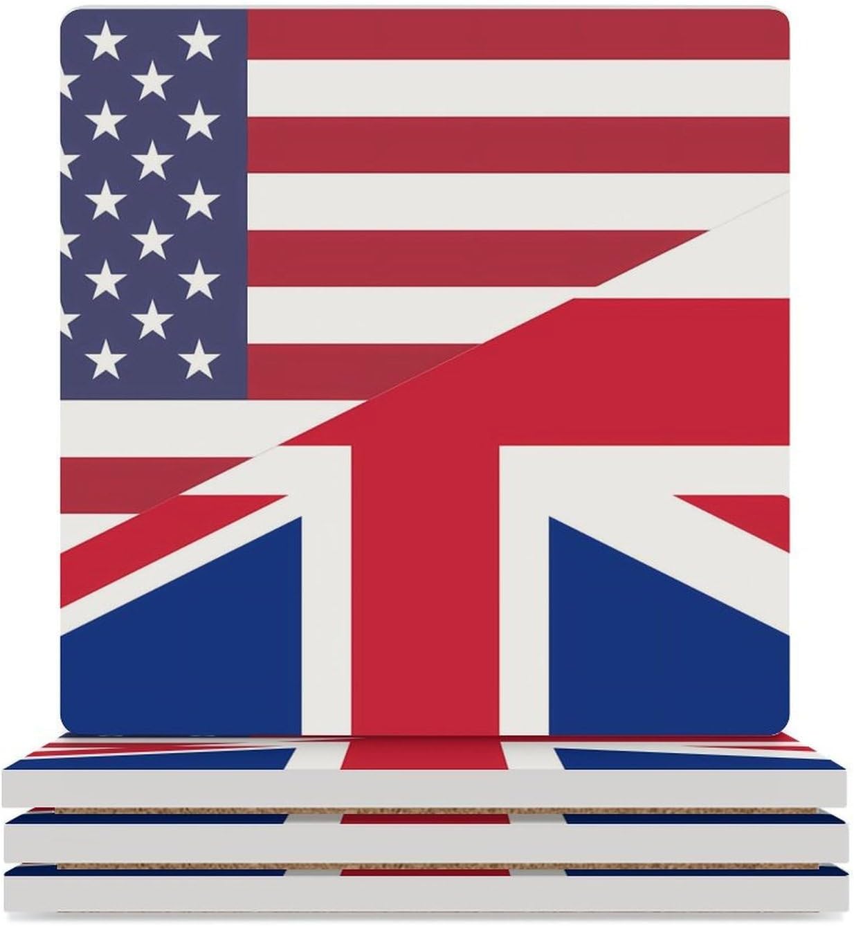 U.S. UK Flag Funny Ceramic Coasters for Drinks Absorbent Cup Holder Tabletop Protector with Cork Base