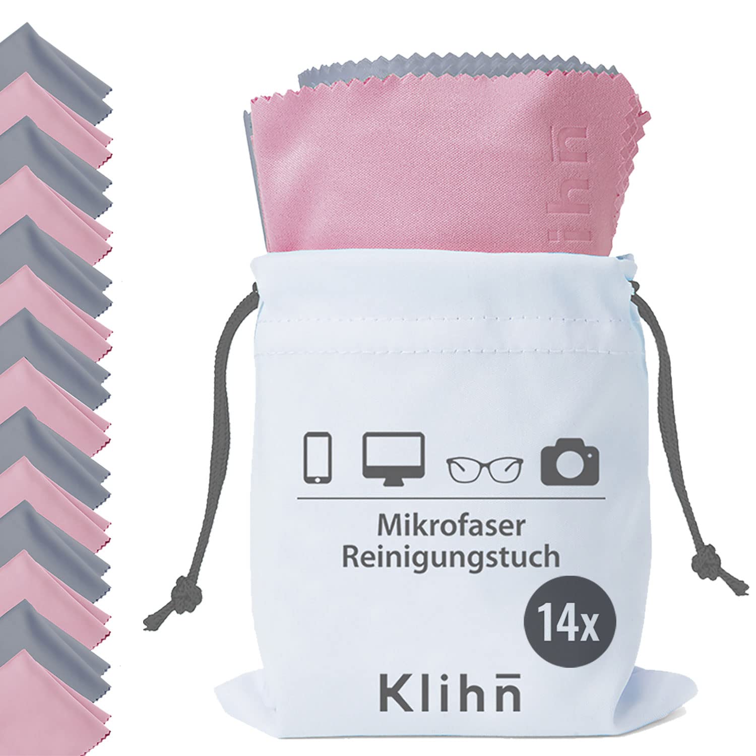Klihn - Paños de Limpieza de Gafas de Microfibra en Calidad óptica (14 Unidades + Bolsa de Almacenamiento) | para teléfono móvil, Pantalla y Lentes | Lavable | tamaño: 18 x 16 cm (Gris/Rosa)
