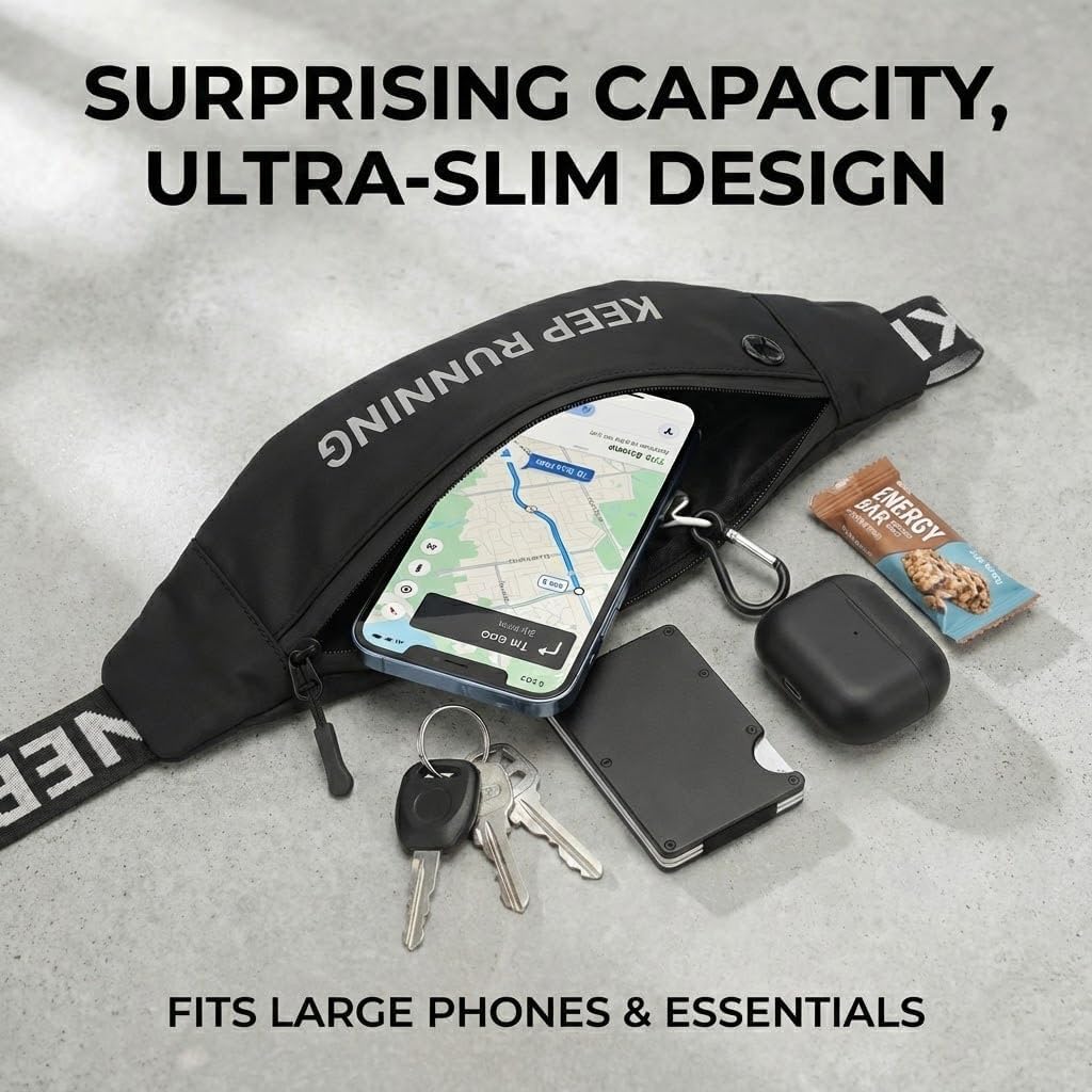 Slim Running Waist Pack for Women Men, Large Capacity Waist Belt with Organized Compartments, No-Bounce Secure Fit for Cycling, Hiking, Climbing Adventure & Reflective Safety Night Running - Black - Image 3