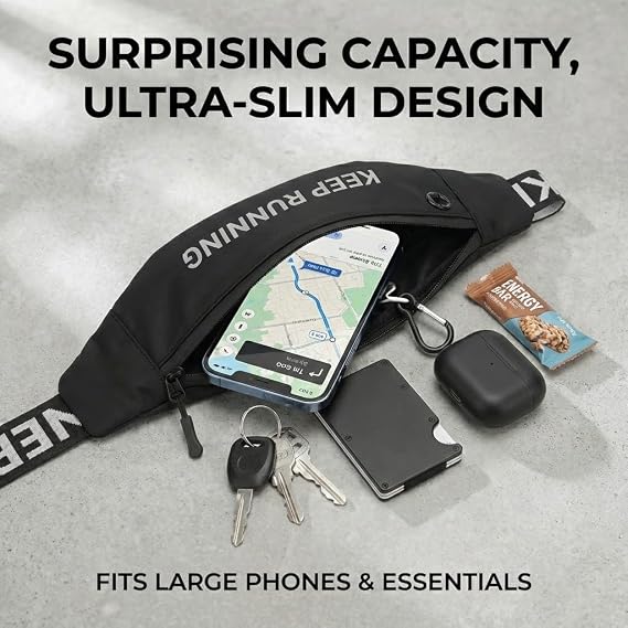 Slim Running Waist Pack for Women Men, Large Capacity Waist Belt with Organized Compartments, No-Bounce Secure Fit for Cycling, Hiking, Climbing Adventure & Reflective Safety Night Running - Black
