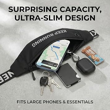 Slim Running Waist Pack for Women Men, Large Capacity Waist Belt with Organized Compartments, No-Bounce Secure Fit for Cycling, Hiking, Climbing Adventure & Reflective Safety Night Running - Black